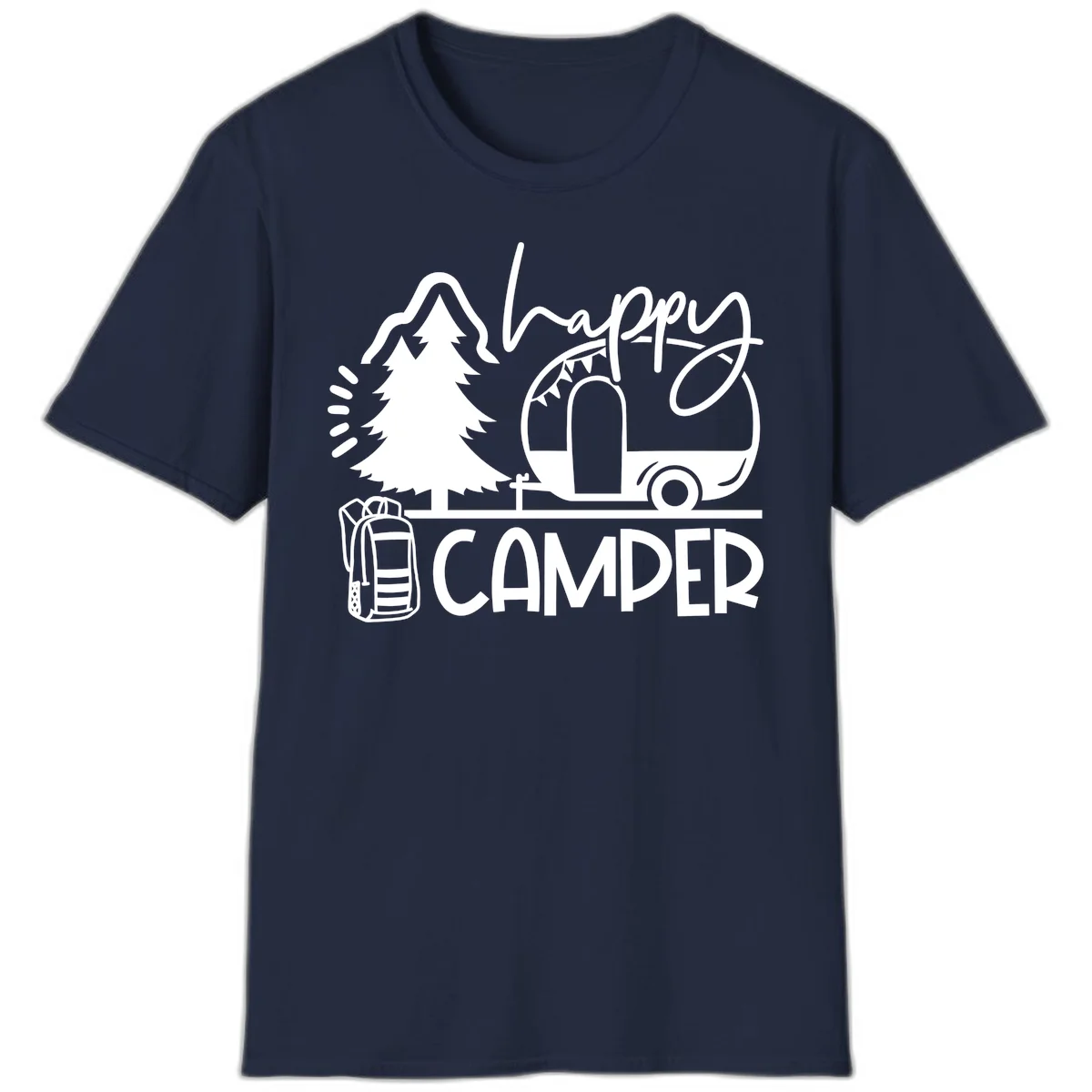 Happy Camper design with evergreen tree, vintage teardrop trailer, backpack, and radiating light rays in white on gray background. in Navy