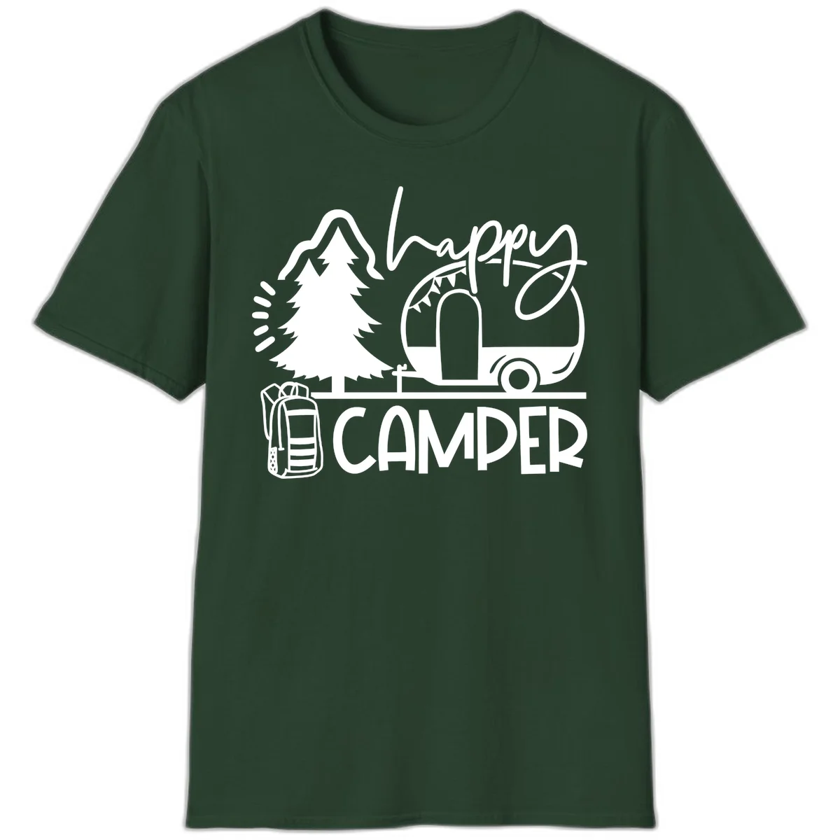 Happy Camper design with evergreen tree, vintage teardrop trailer, backpack, and radiating light rays in white on gray background. in Forest Green