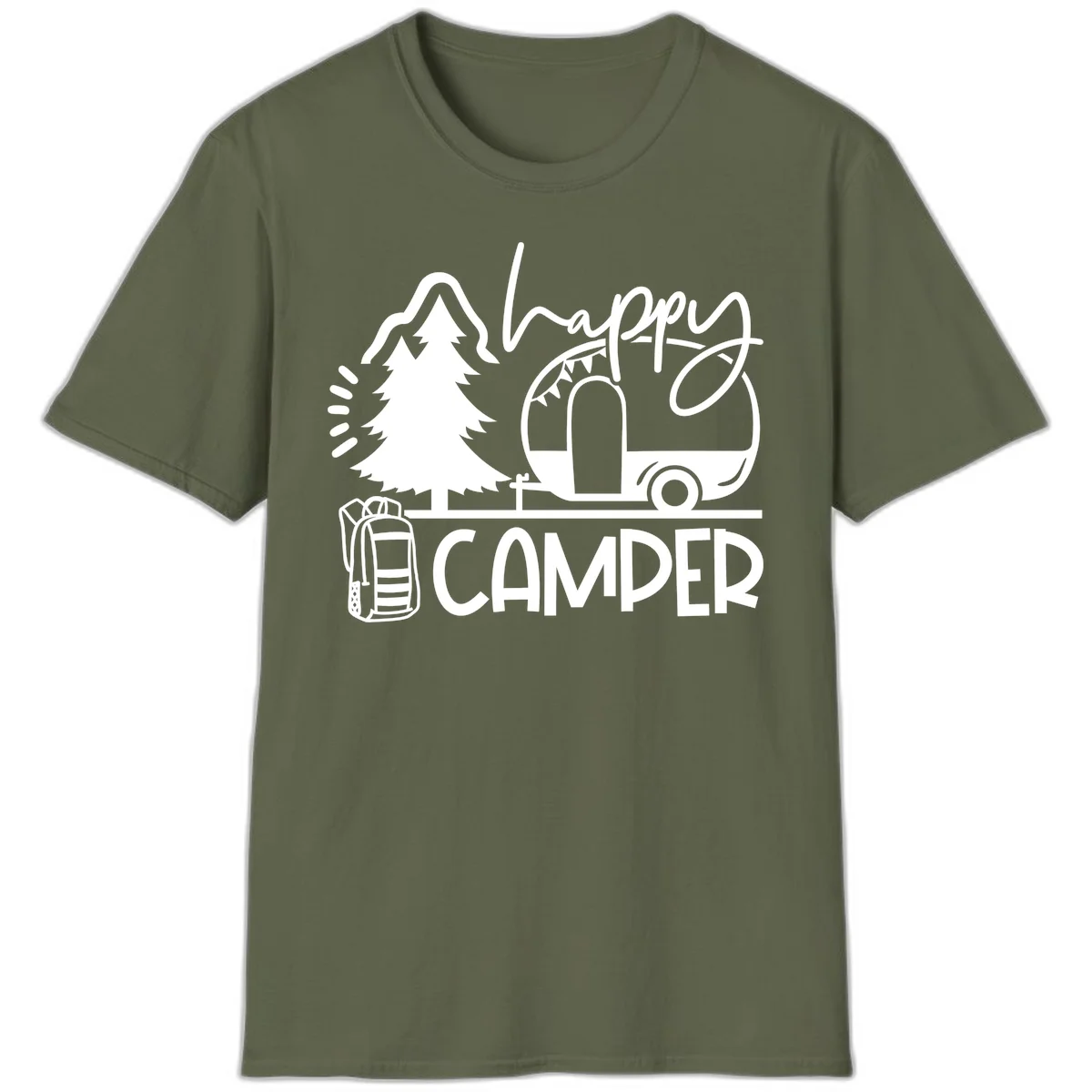 Happy Camper design with evergreen tree, vintage teardrop trailer, backpack, and radiating light rays in white on gray background. in Military Green