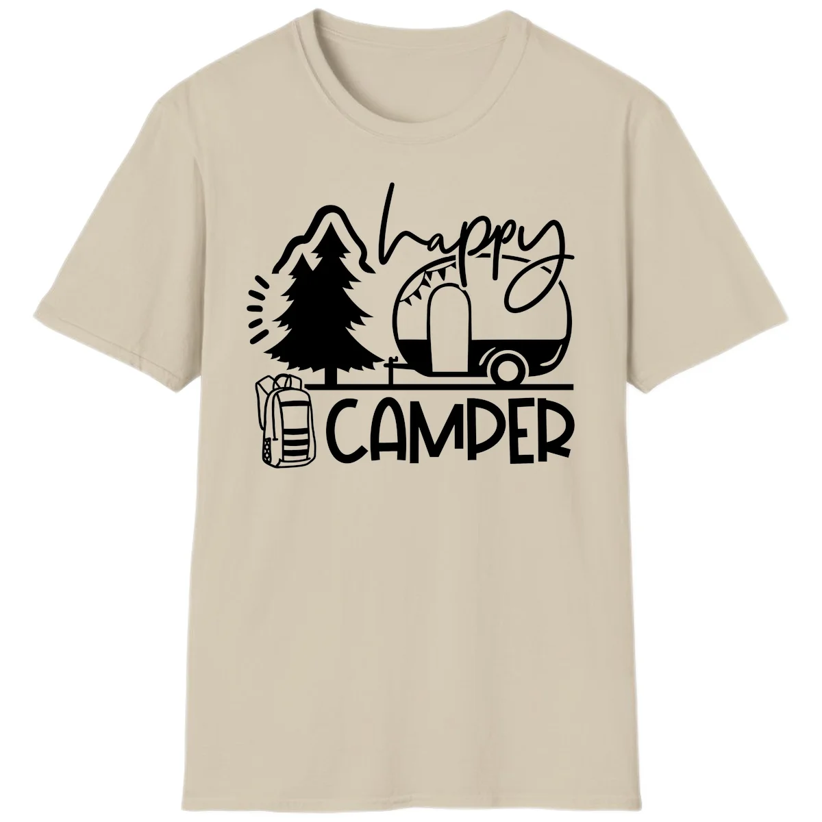 Happy Camper design with evergreen tree, vintage teardrop trailer, backpack, and radiating light rays in white on gray background. in Sand