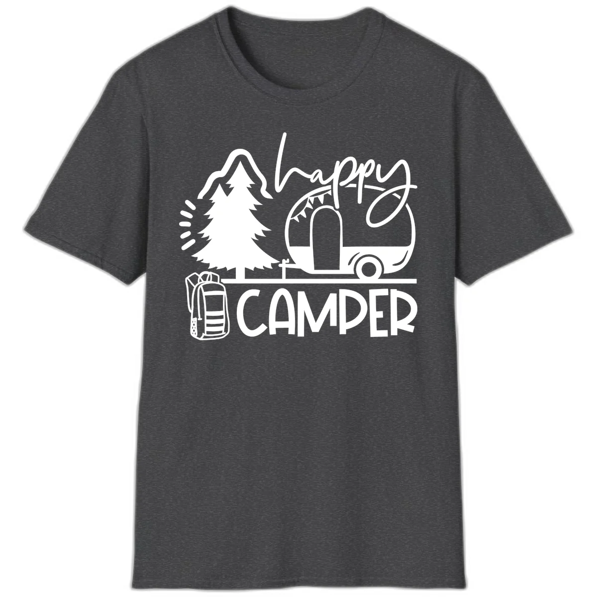 Happy Camper design with evergreen tree, vintage teardrop trailer, backpack, and radiating light rays in white on gray background. in Dark Heather