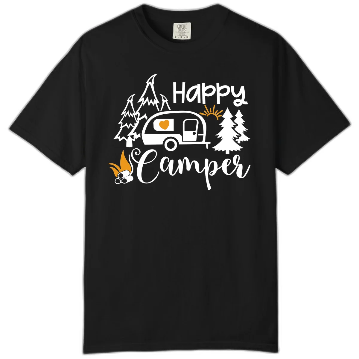 Happy Camper design featuring a retro travel trailer with heart window, surrounded by trees, campfire, and sun on gray background in Black