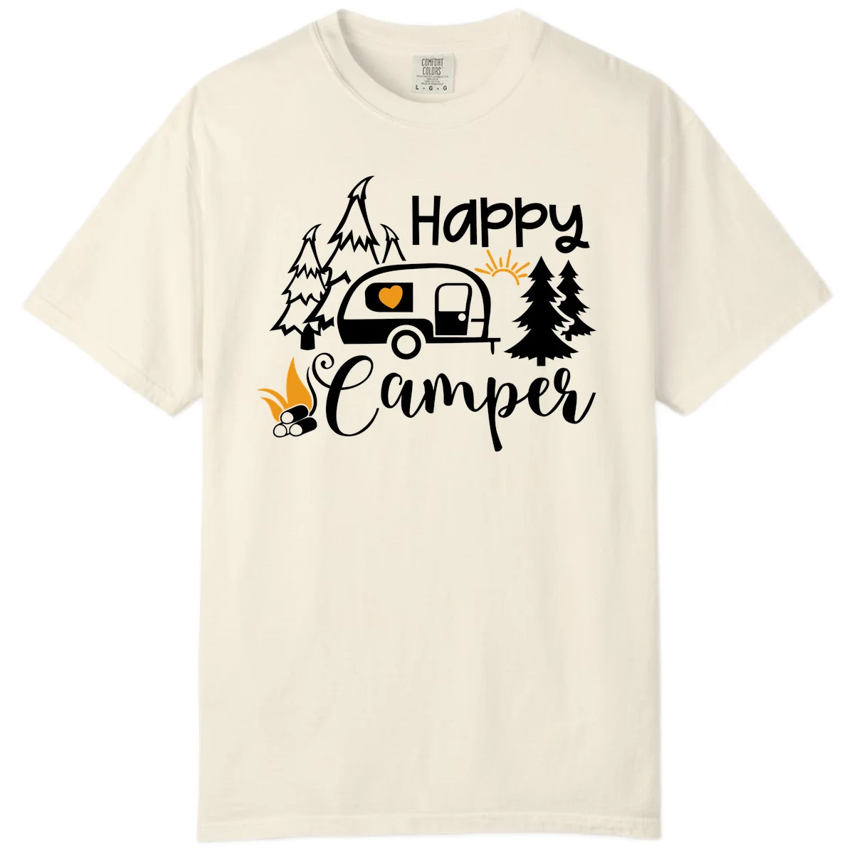 Happy Camper design featuring a retro travel trailer with heart window, surrounded by trees, campfire, and sun on gray background in Ivory