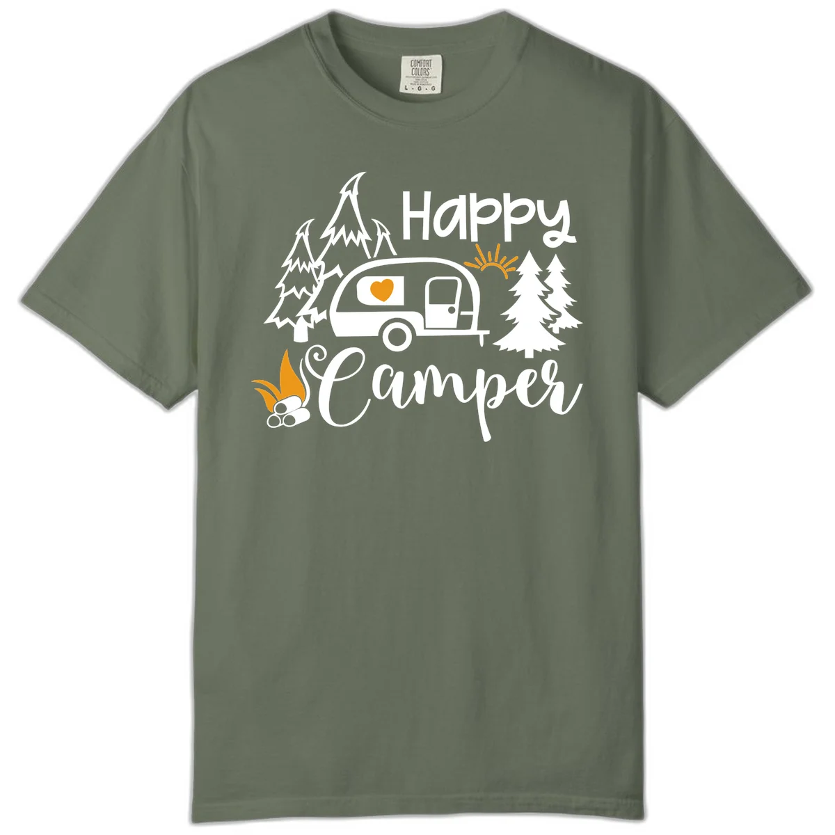 Happy Camper design featuring a retro travel trailer with heart window, surrounded by trees, campfire, and sun on gray background in Moss