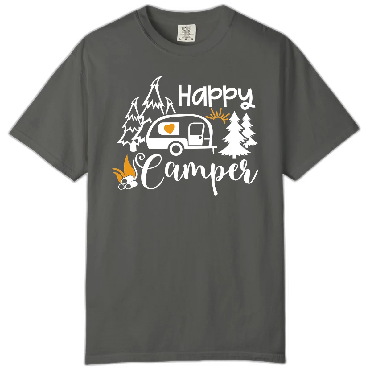 Happy Camper design featuring a retro travel trailer with heart window, surrounded by trees, campfire, and sun on gray background in Pepper