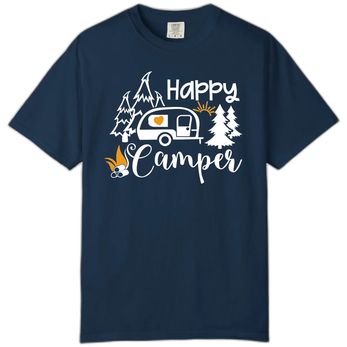 Happy Camper design featuring a retro travel trailer with heart window, surrounded by trees, campfire, and sun on gray background in True Navy