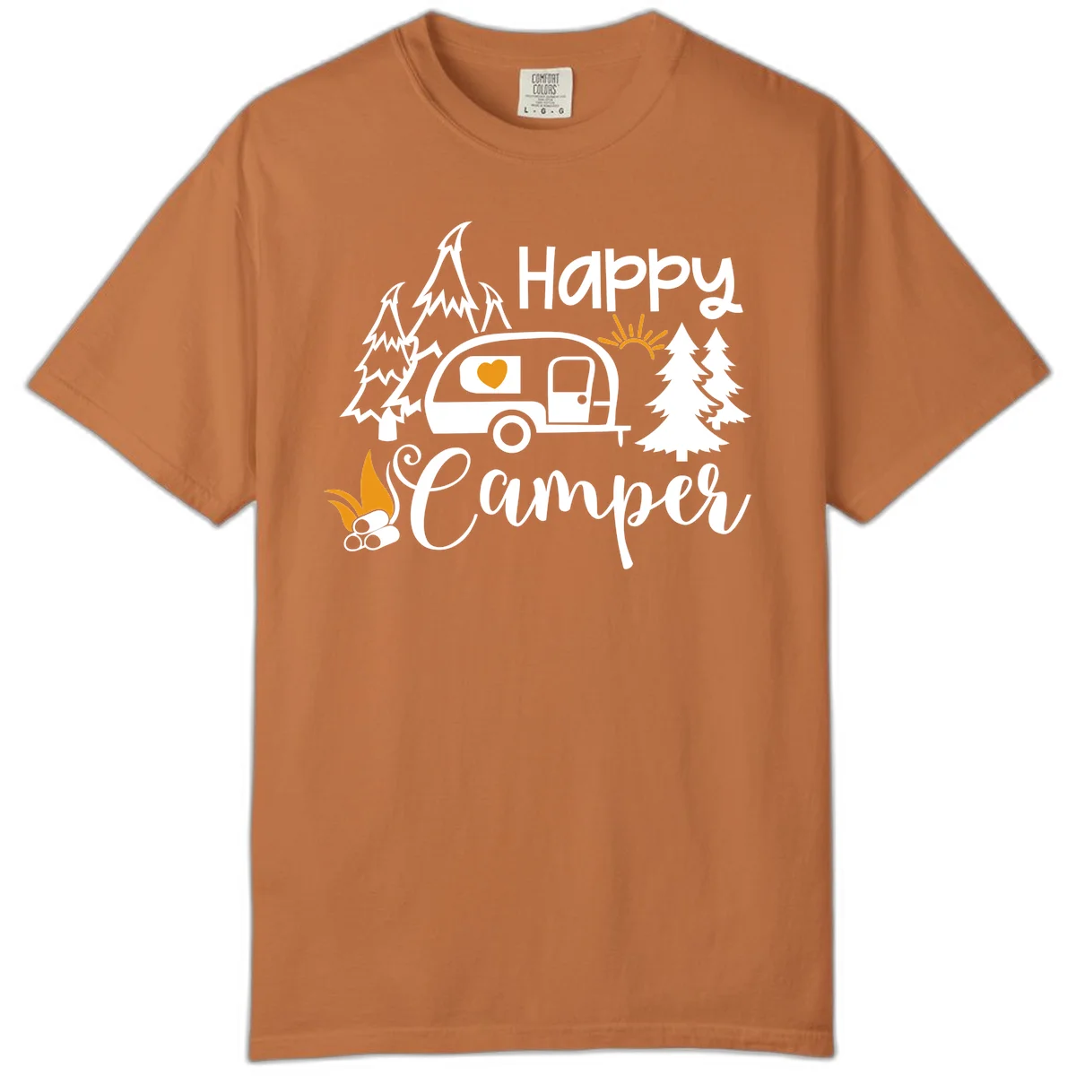 Happy Camper design featuring a retro travel trailer with heart window, surrounded by trees, campfire, and sun on gray background in Yam