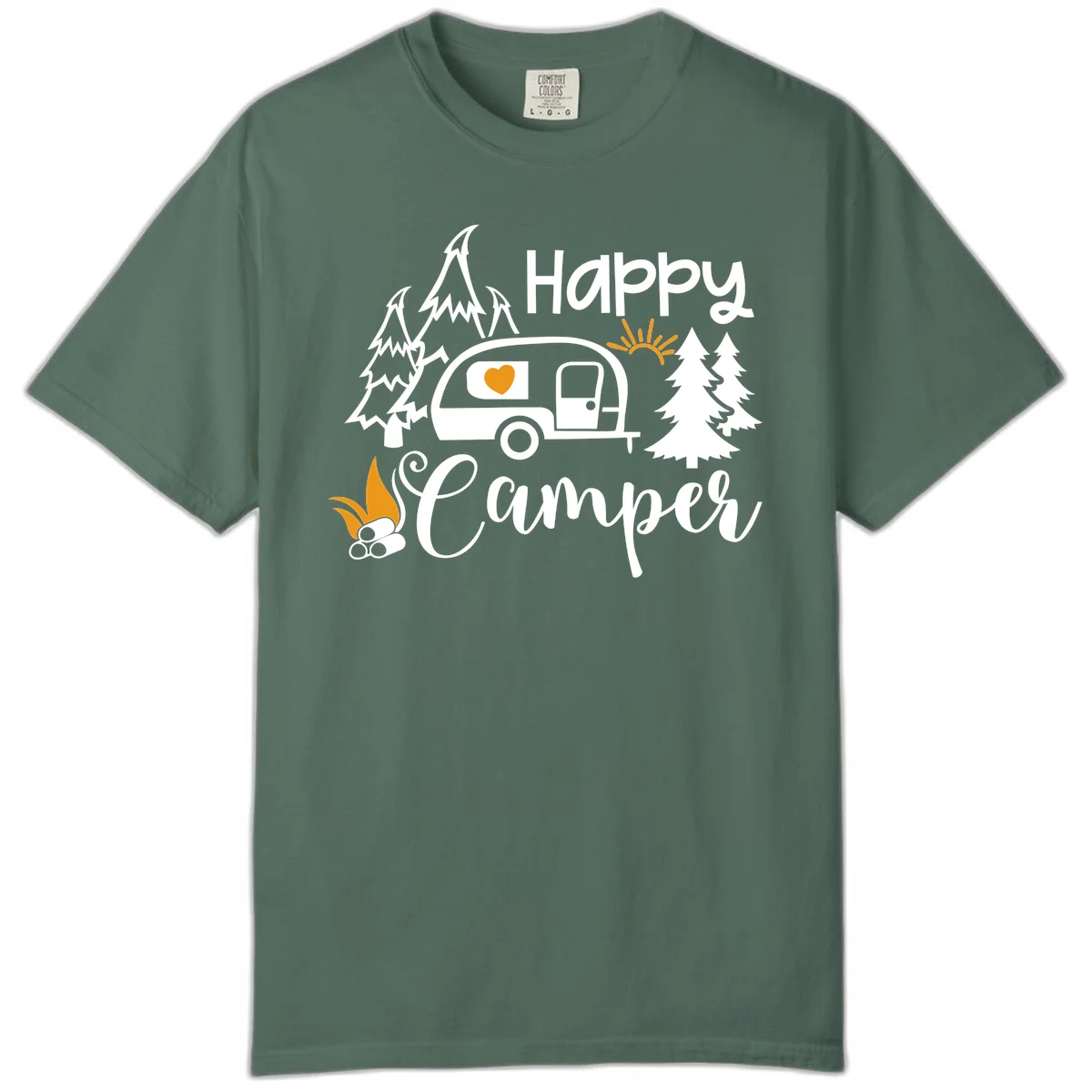 Happy Camper design featuring a retro travel trailer with heart window, surrounded by trees, campfire, and sun on gray background in Blue Spruce