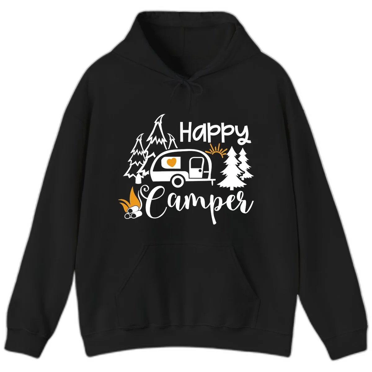 Happy Camper design featuring a retro travel trailer with heart window, surrounded by trees, campfire, and sun on gray background in Black