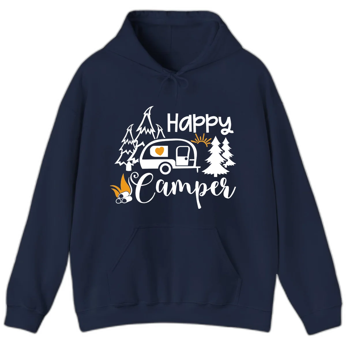 Happy Camper design featuring a retro travel trailer with heart window, surrounded by trees, campfire, and sun on gray background in Navy