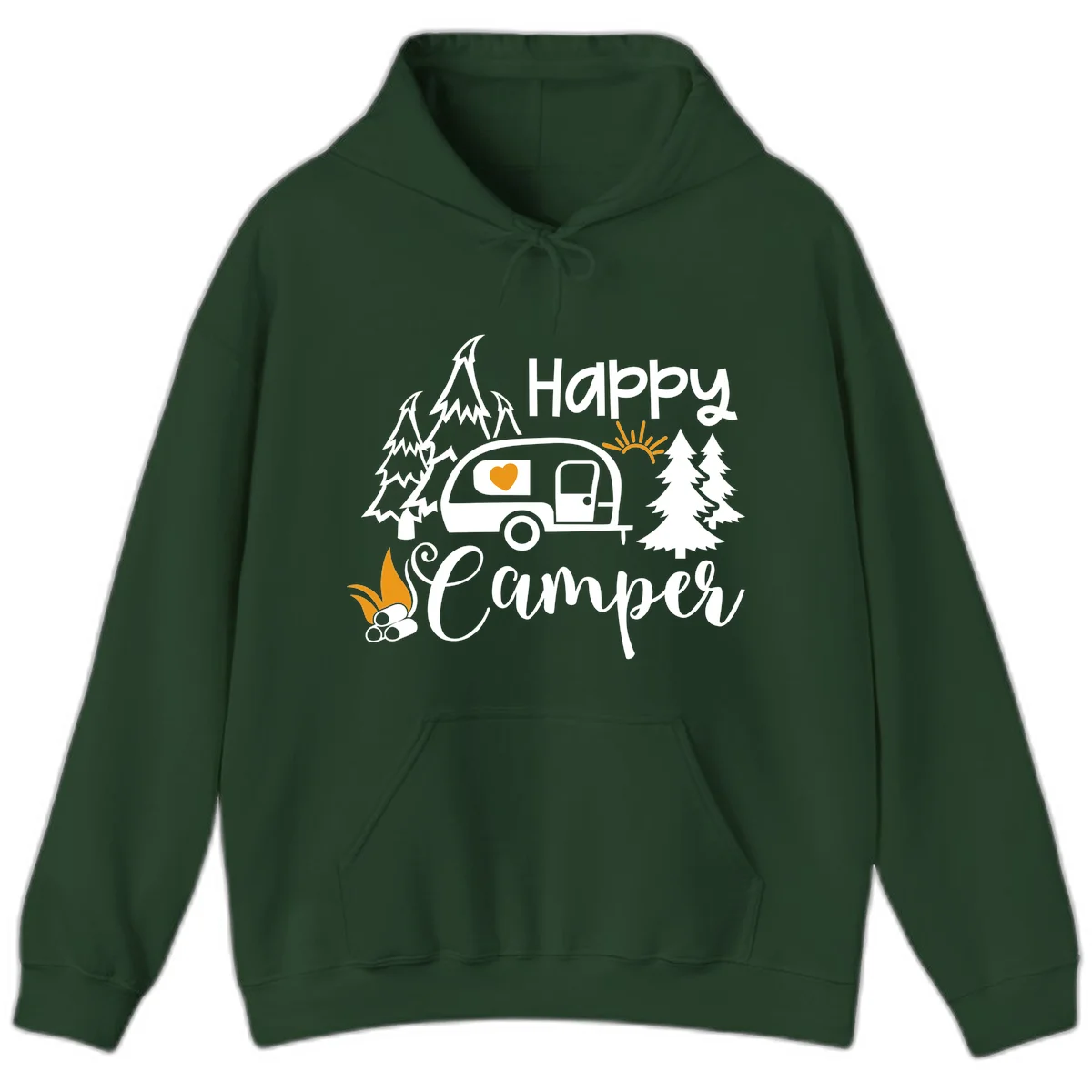 Happy Camper design featuring a retro travel trailer with heart window, surrounded by trees, campfire, and sun on gray background in Forest Green