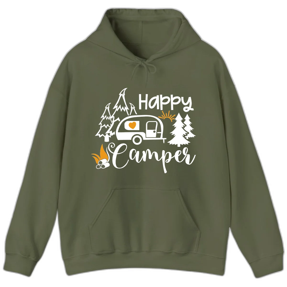 Happy Camper design featuring a retro travel trailer with heart window, surrounded by trees, campfire, and sun on gray background in Military Green