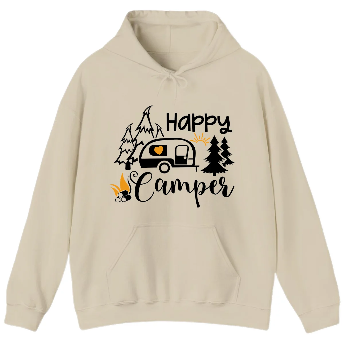 Happy Camper design featuring a retro travel trailer with heart window, surrounded by trees, campfire, and sun on gray background in Sand