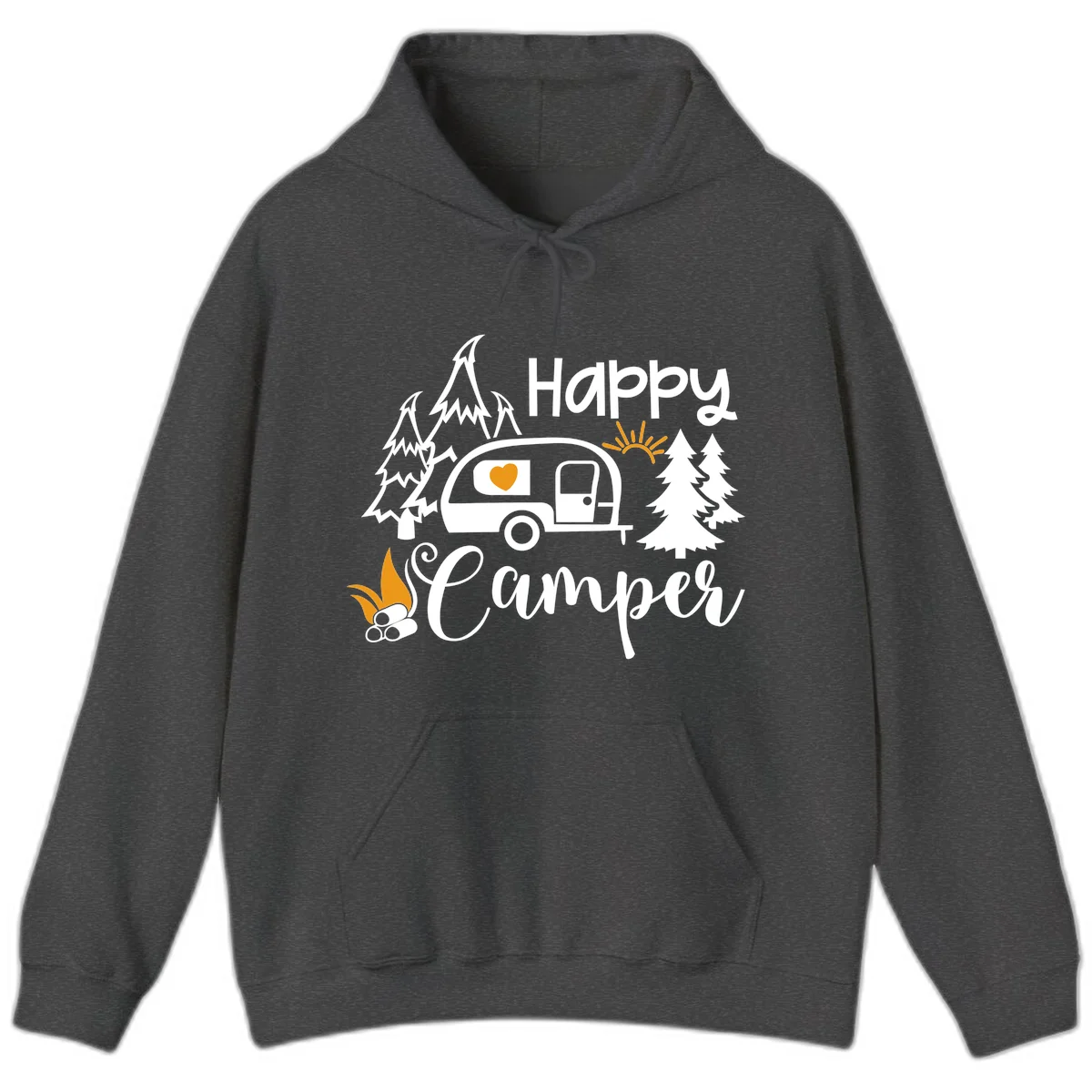 Happy Camper design featuring a retro travel trailer with heart window, surrounded by trees, campfire, and sun on gray background in Dark Heather