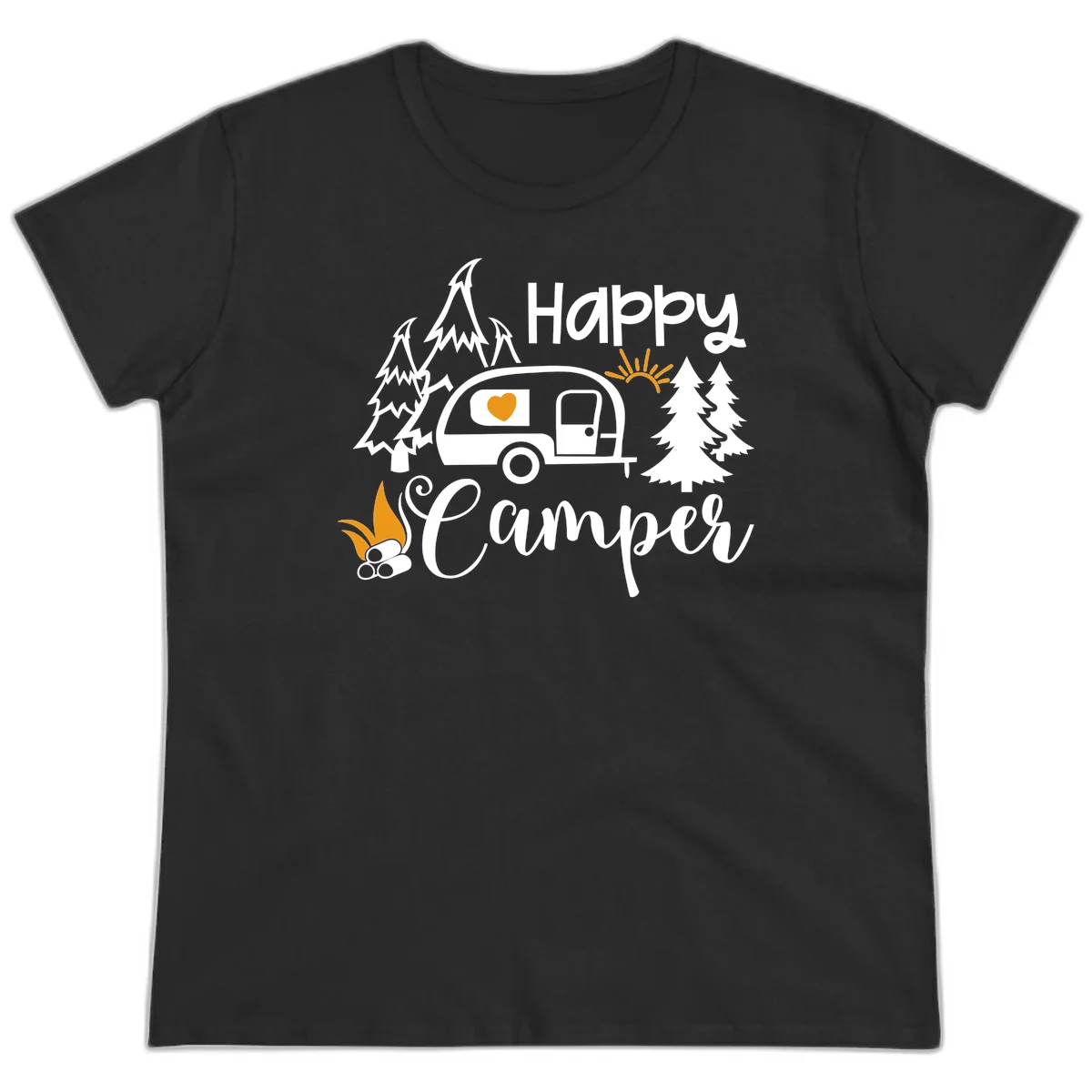 Happy Camper design featuring a retro travel trailer with heart window, surrounded by trees, campfire, and sun on gray background in Black