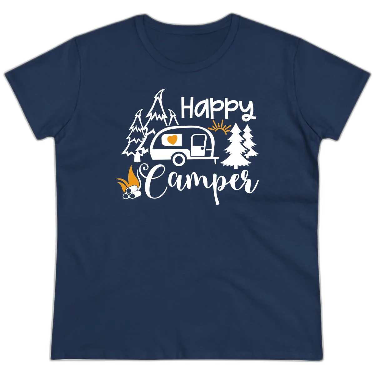 Happy Camper design featuring a retro travel trailer with heart window, surrounded by trees, campfire, and sun on gray background in Navy