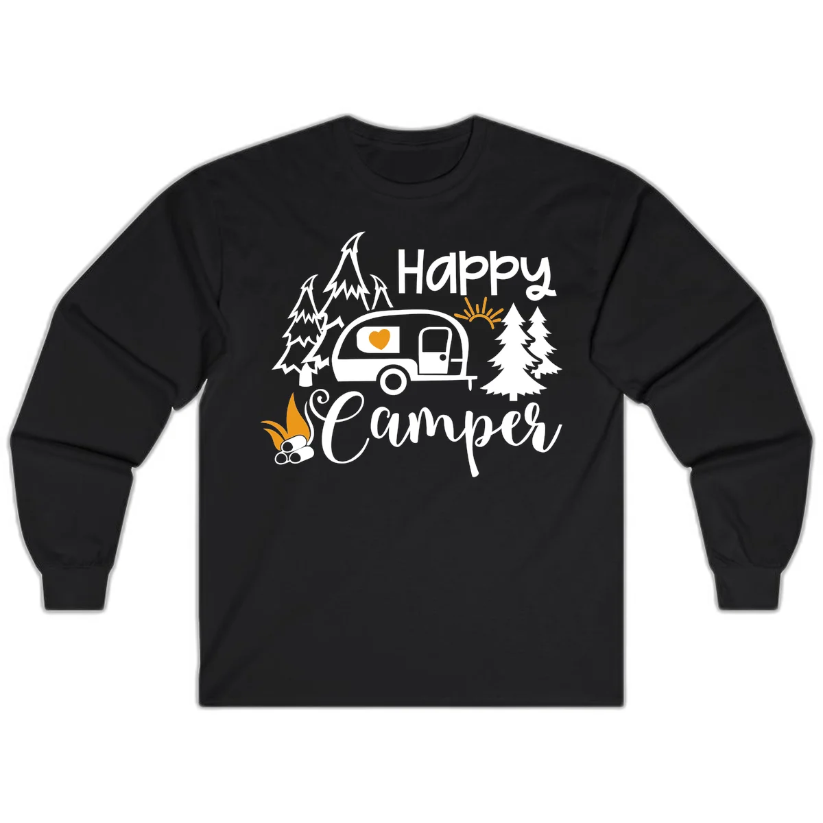 Happy Camper design featuring a retro travel trailer with heart window, surrounded by trees, campfire, and sun on gray background in Black