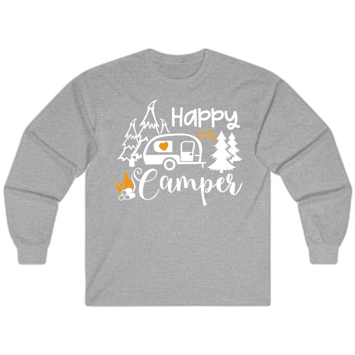 Happy Camper design featuring a retro travel trailer with heart window, surrounded by trees, campfire, and sun on gray background in Sport Grey
