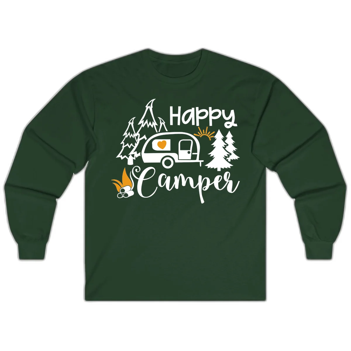 Happy Camper design featuring a retro travel trailer with heart window, surrounded by trees, campfire, and sun on gray background in Forest Green