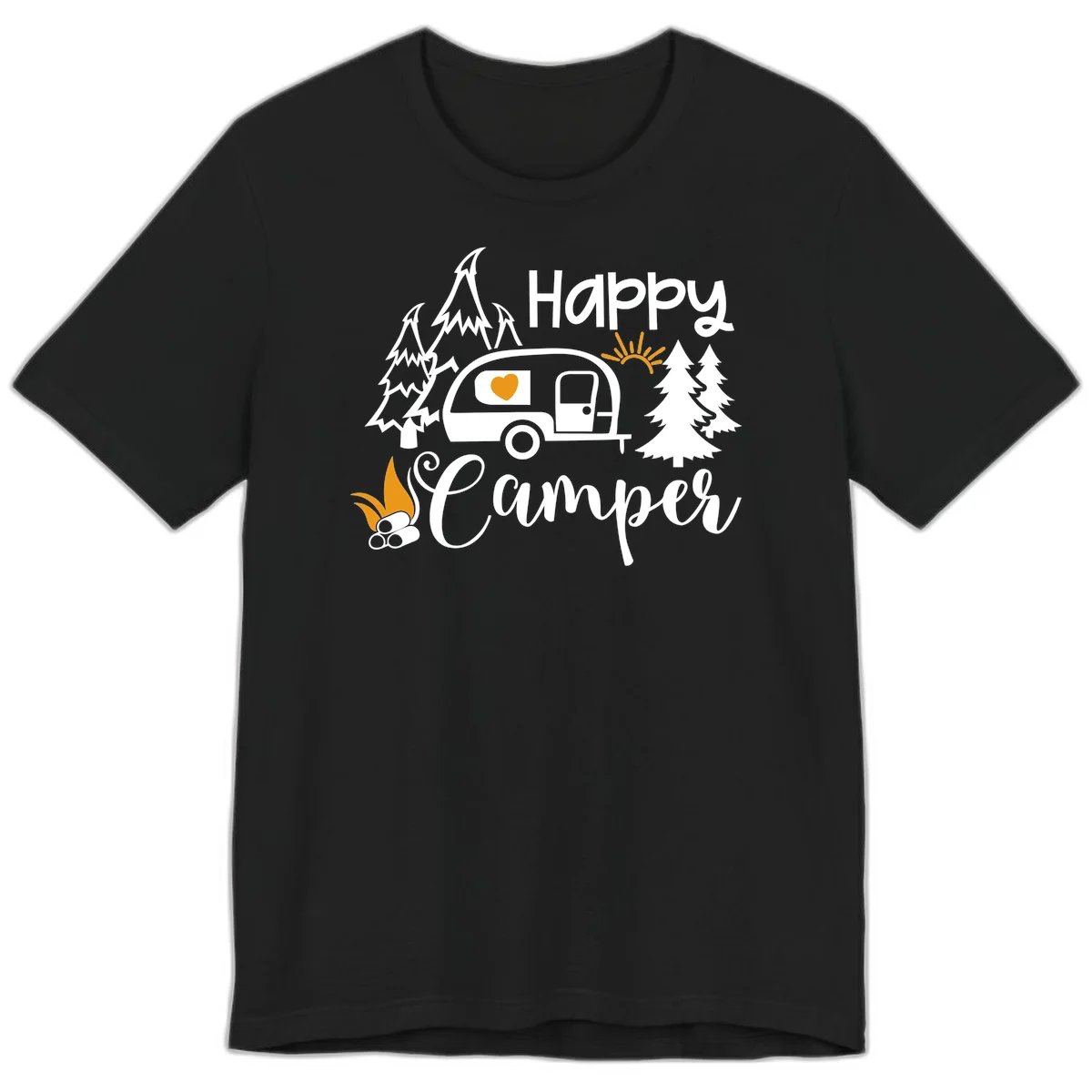 Happy Camper design featuring a retro travel trailer with heart window, surrounded by trees, campfire, and sun on gray background in Black