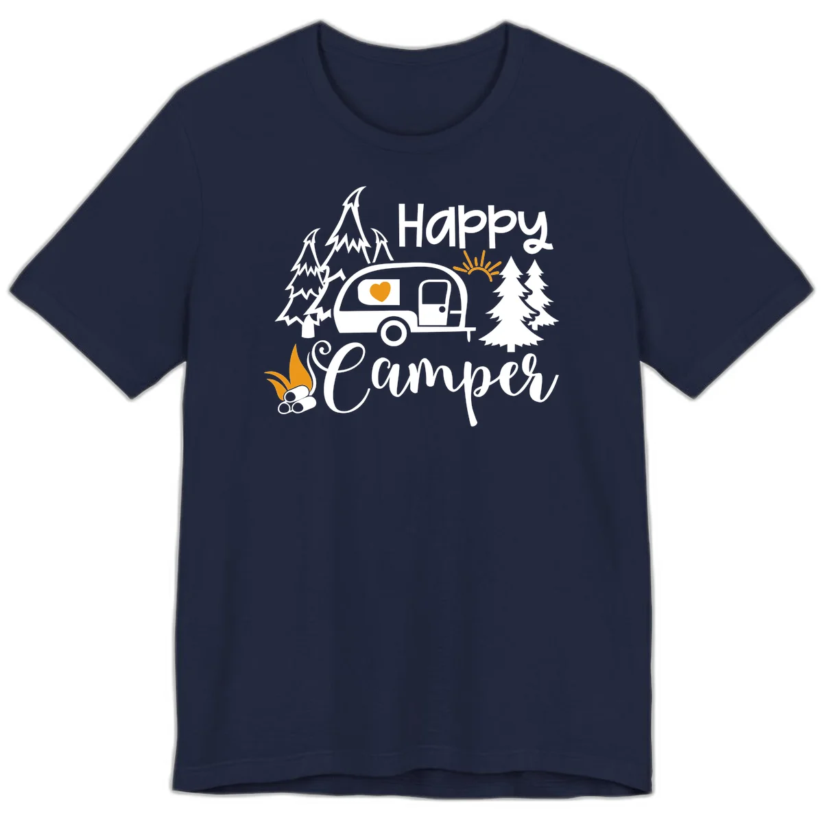 Happy Camper design featuring a retro travel trailer with heart window, surrounded by trees, campfire, and sun on gray background in Navy