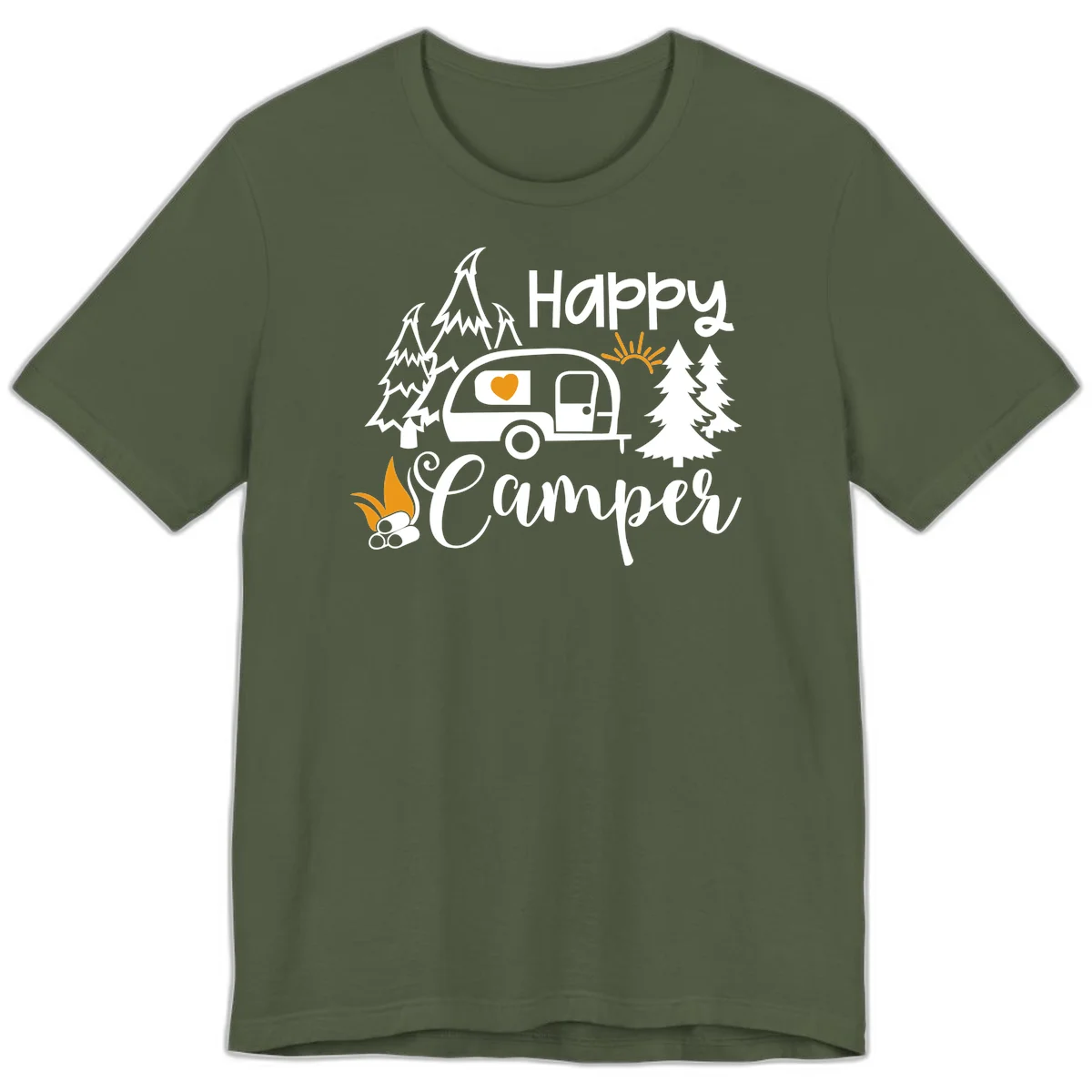 Happy Camper design featuring a retro travel trailer with heart window, surrounded by trees, campfire, and sun on gray background in Military Green