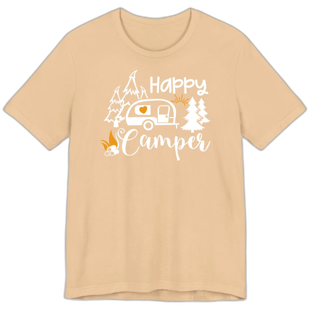 Happy Camper design featuring a retro travel trailer with heart window, surrounded by trees, campfire, and sun on gray background in Sand Dune