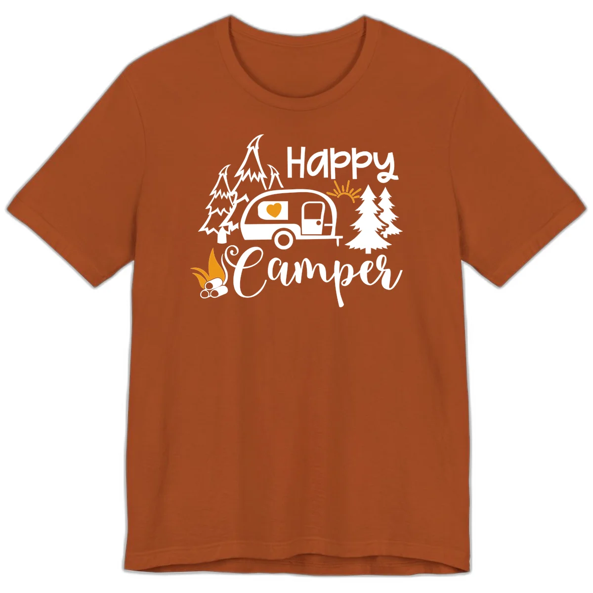 Happy Camper design featuring a retro travel trailer with heart window, surrounded by trees, campfire, and sun on gray background in Autumn