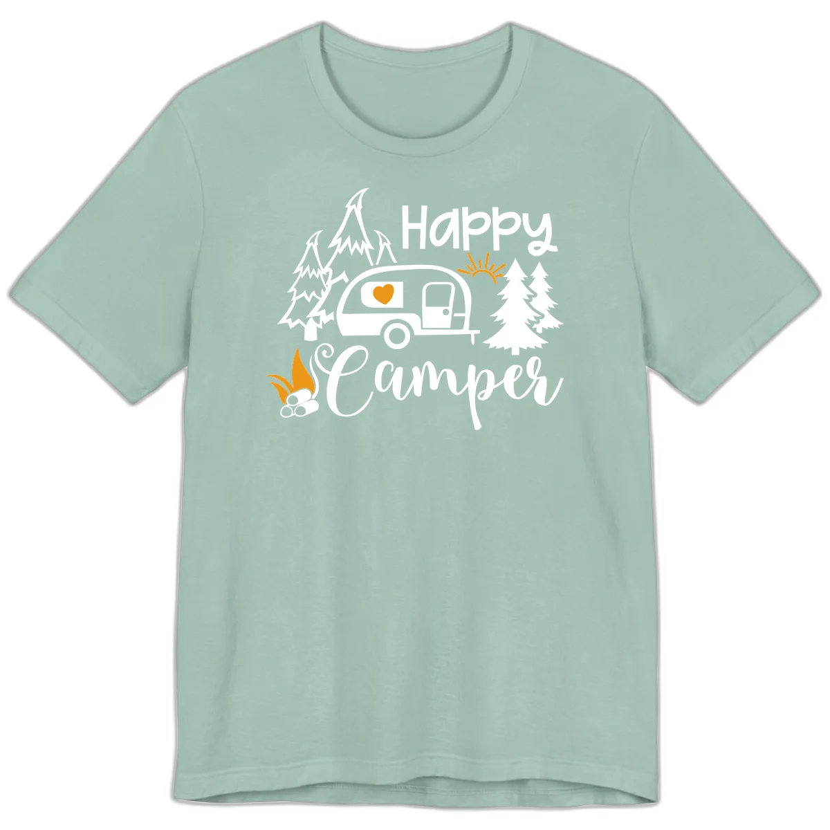 Happy Camper design featuring a retro travel trailer with heart window, surrounded by trees, campfire, and sun on gray background in Dusty Blue