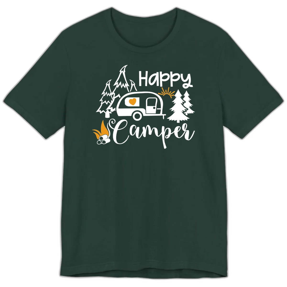 Happy Camper design featuring a retro travel trailer with heart window, surrounded by trees, campfire, and sun on gray background in Forest