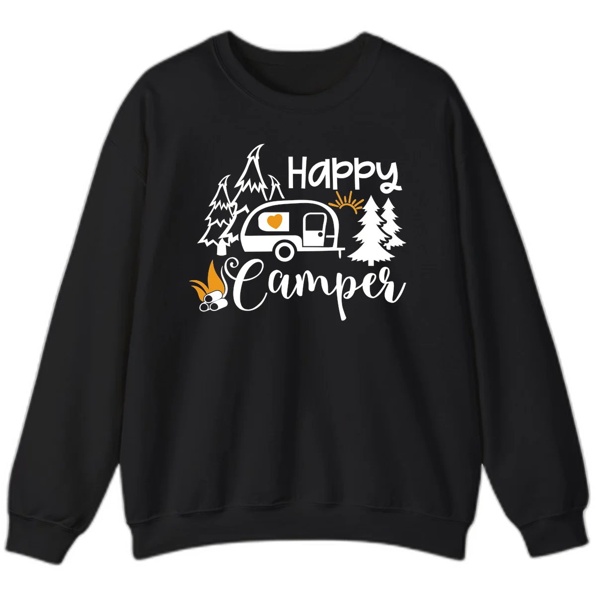 Happy Camper design featuring a retro travel trailer with heart window, surrounded by trees, campfire, and sun on gray background in Black