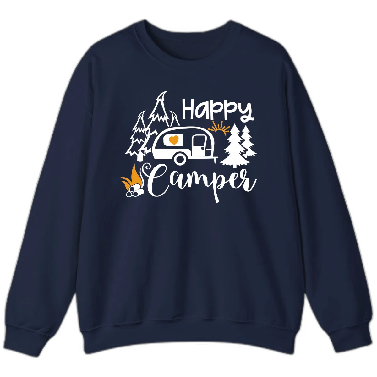 Happy Camper design featuring a retro travel trailer with heart window, surrounded by trees, campfire, and sun on gray background in Navy
