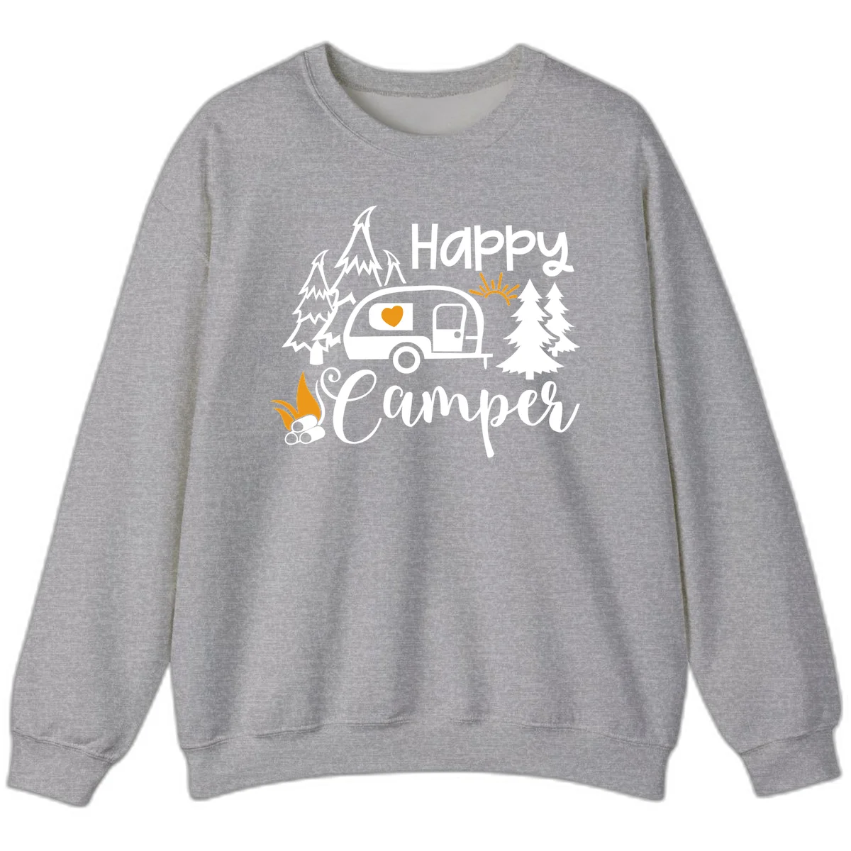 Happy Camper design featuring a retro travel trailer with heart window, surrounded by trees, campfire, and sun on gray background in Sport Grey