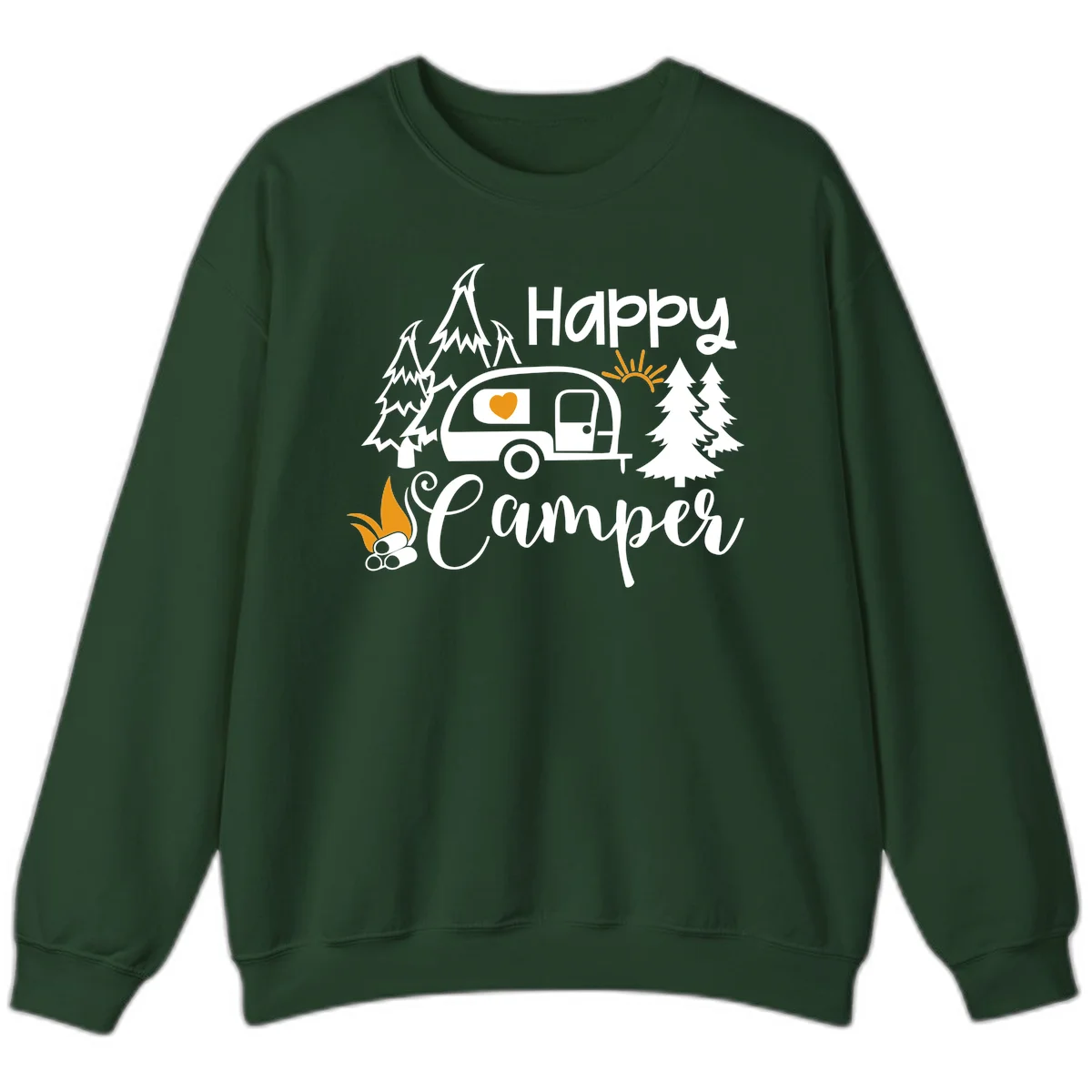Happy Camper design featuring a retro travel trailer with heart window, surrounded by trees, campfire, and sun on gray background in Forest Green