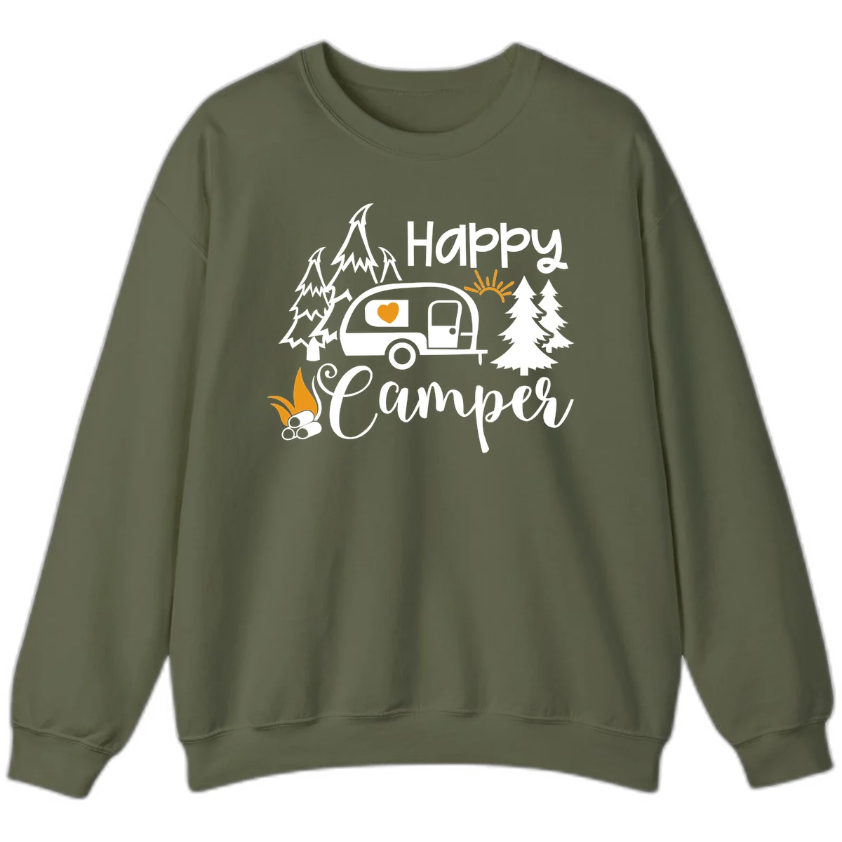 Happy Camper design featuring a retro travel trailer with heart window, surrounded by trees, campfire, and sun on gray background in Military Green