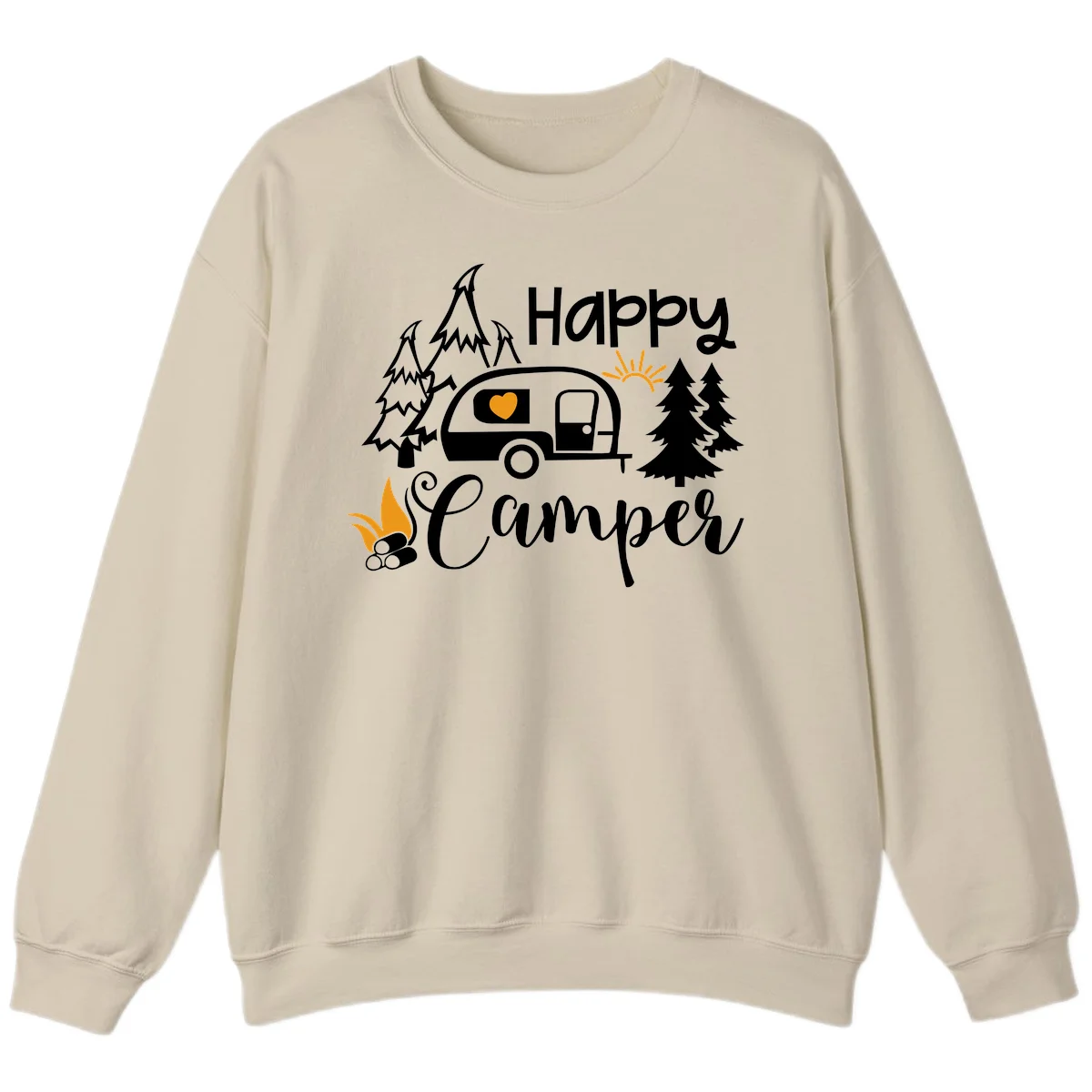 Happy Camper design featuring a retro travel trailer with heart window, surrounded by trees, campfire, and sun on gray background in Sand