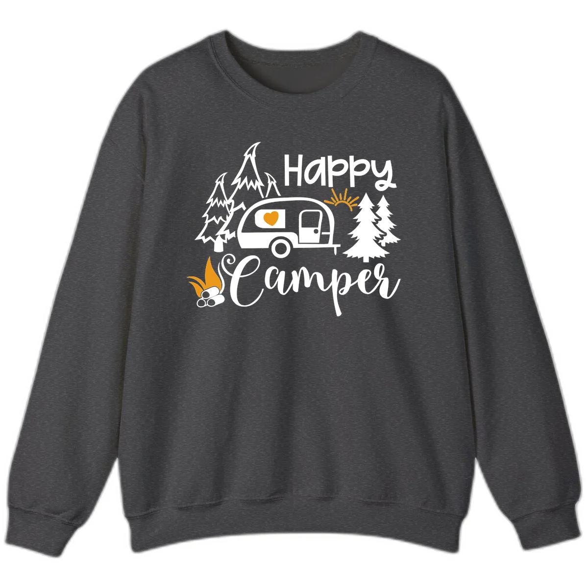 Happy Camper design featuring a retro travel trailer with heart window, surrounded by trees, campfire, and sun on gray background in Dark Heather