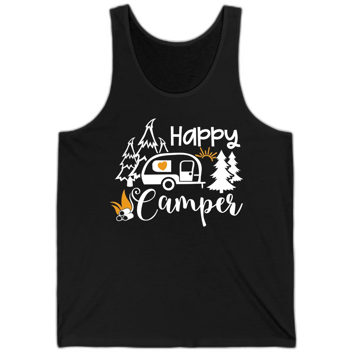 Happy Camper design featuring a retro travel trailer with heart window, surrounded by trees, campfire, and sun on gray background in Black