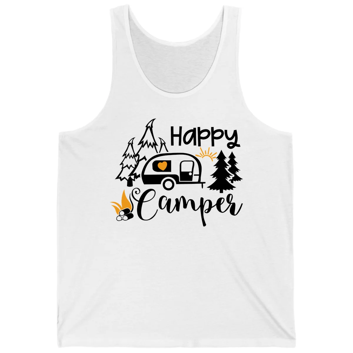 Happy Camper design featuring a retro travel trailer with heart window, surrounded by trees, campfire, and sun on gray background in White