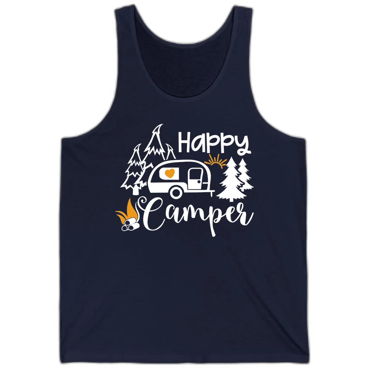 Happy Camper design featuring a retro travel trailer with heart window, surrounded by trees, campfire, and sun on gray background in Navy