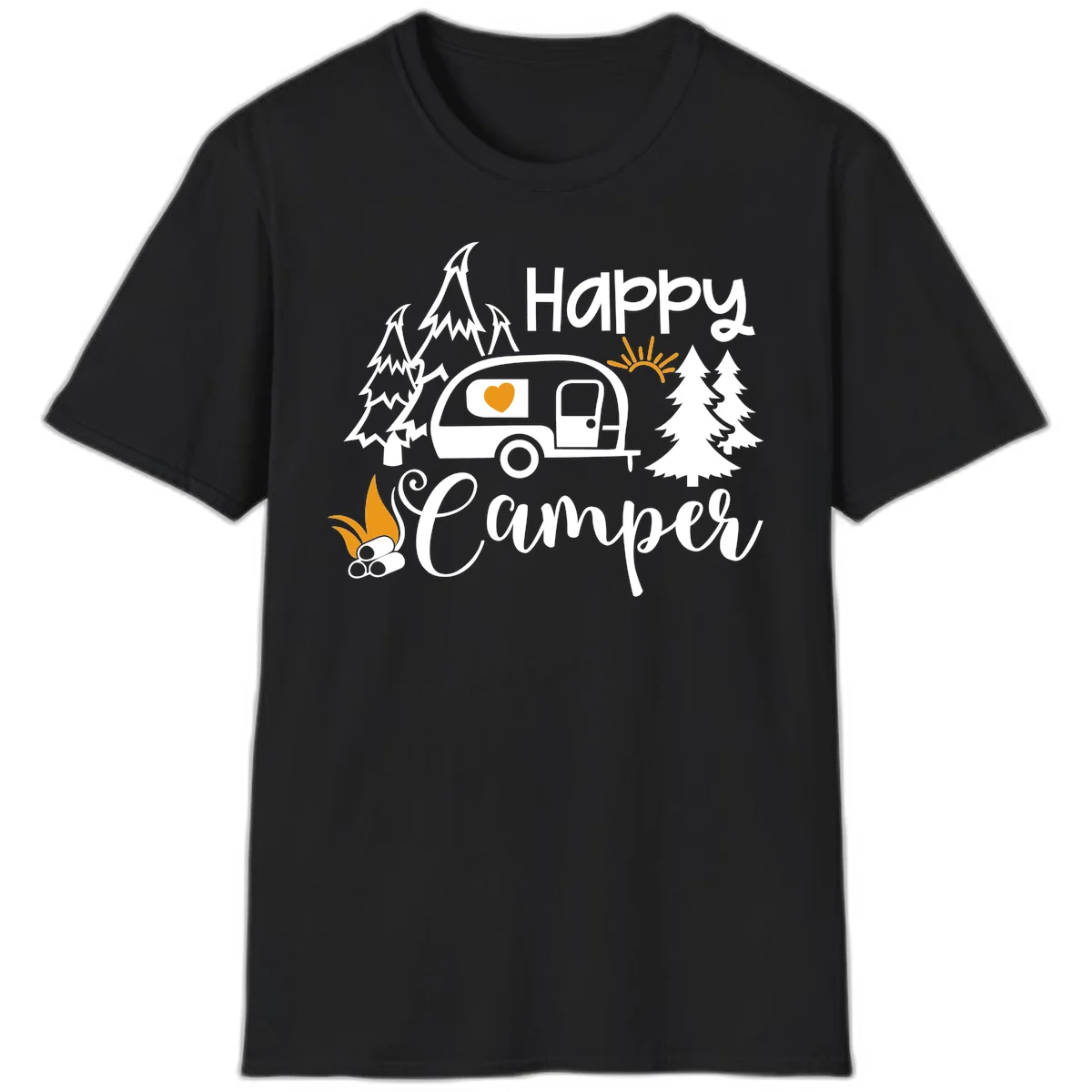 Happy Camper design featuring a retro travel trailer with heart window, surrounded by trees, campfire, and sun on gray background in Black