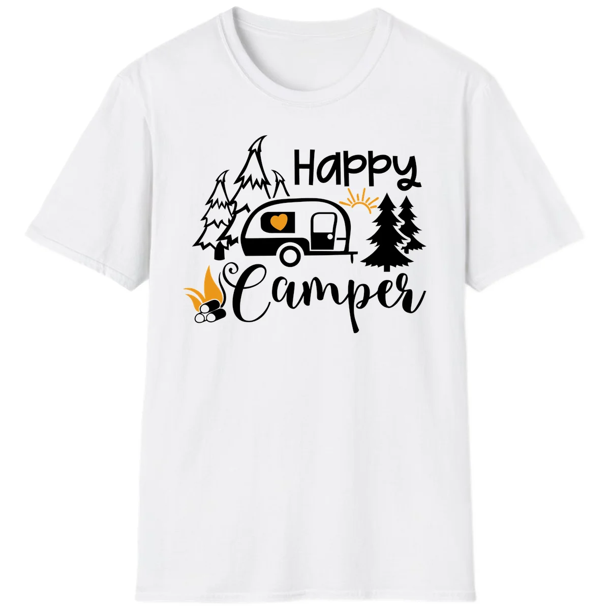 Happy Camper design featuring a retro travel trailer with heart window, surrounded by trees, campfire, and sun on gray background in White