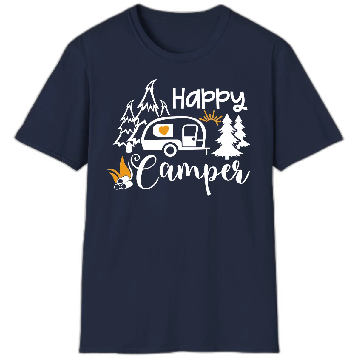 Happy Camper design featuring a retro travel trailer with heart window, surrounded by trees, campfire, and sun on gray background in Navy