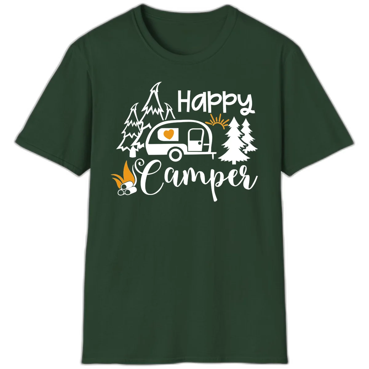 Happy Camper design featuring a retro travel trailer with heart window, surrounded by trees, campfire, and sun on gray background in Forest Green