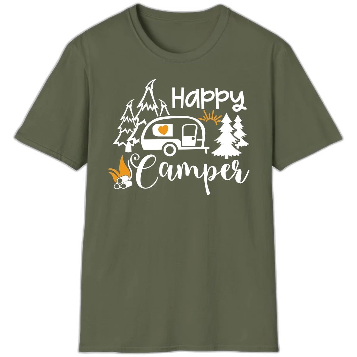 Happy Camper design featuring a retro travel trailer with heart window, surrounded by trees, campfire, and sun on gray background in Military Green