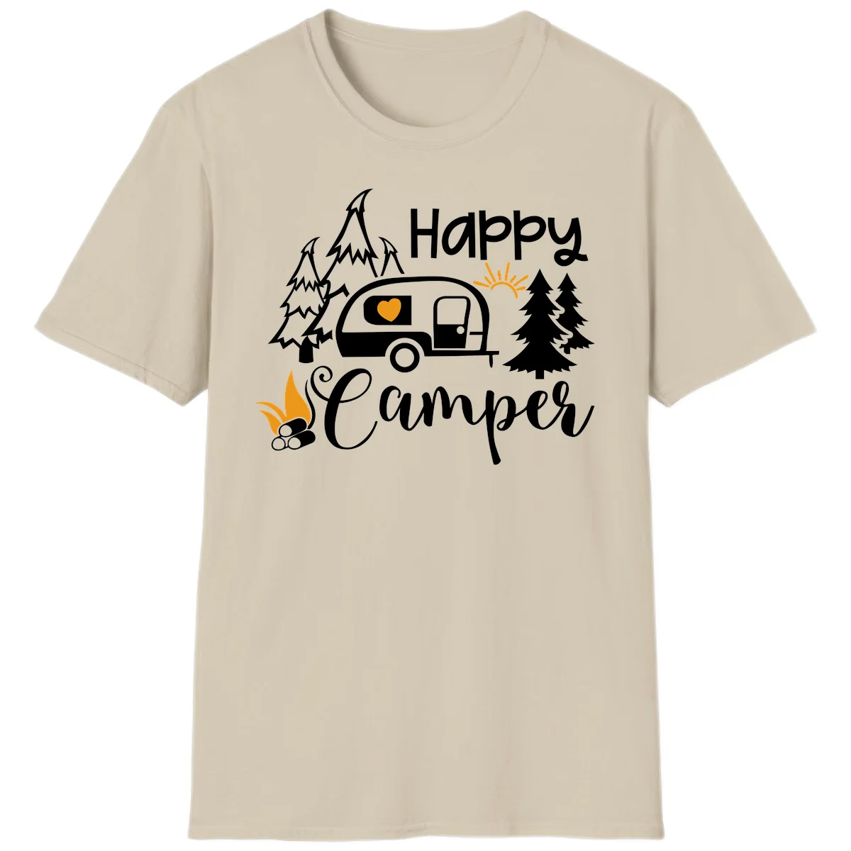 Happy Camper design featuring a retro travel trailer with heart window, surrounded by trees, campfire, and sun on gray background in Sand