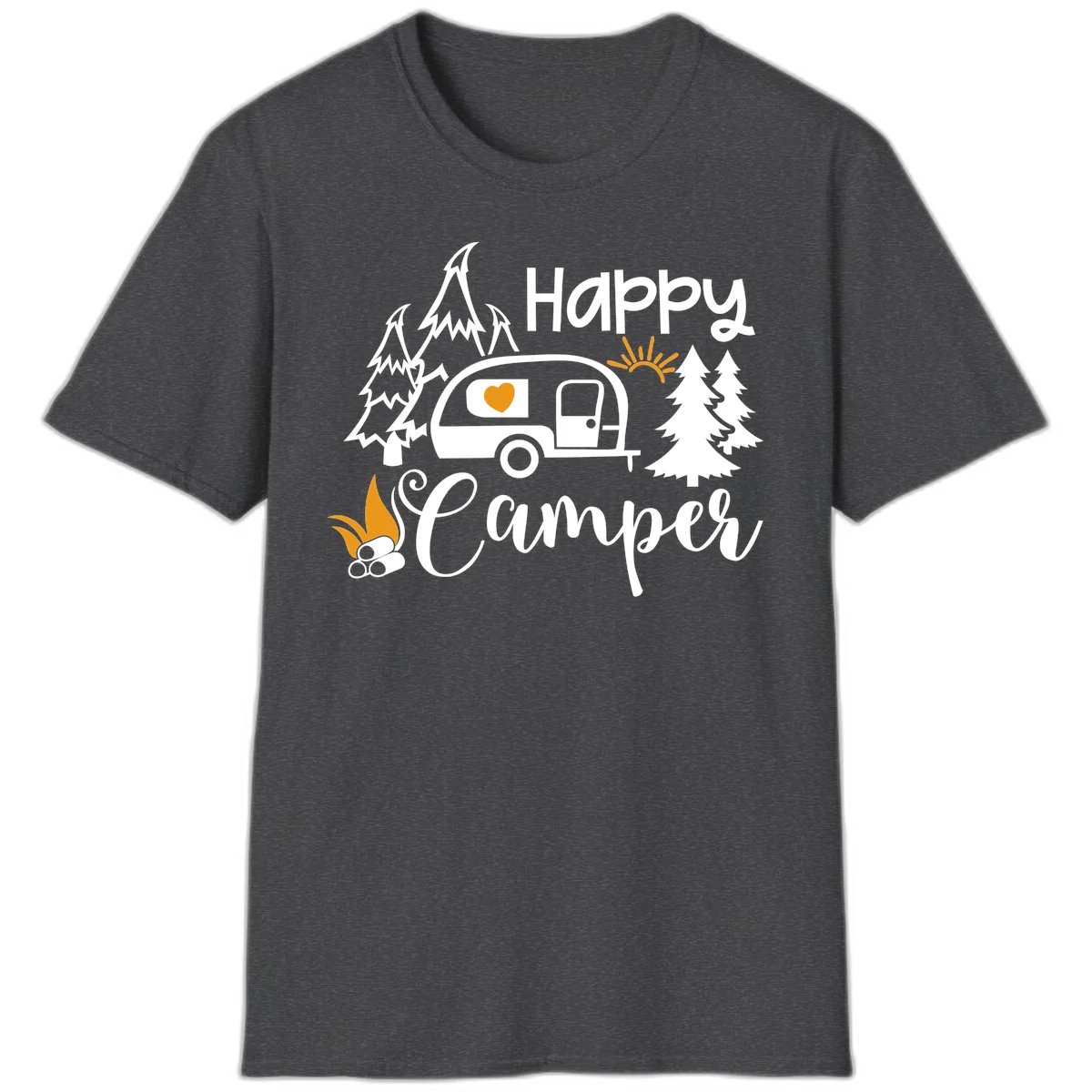 Happy Camper design featuring a retro travel trailer with heart window, surrounded by trees, campfire, and sun on gray background in Dark Heather