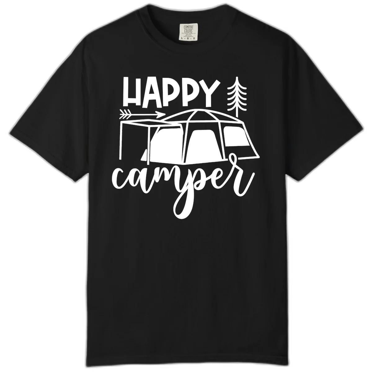 Happy Camper design with illustrated tent, evergreen trees, and arrow on gray background in Black