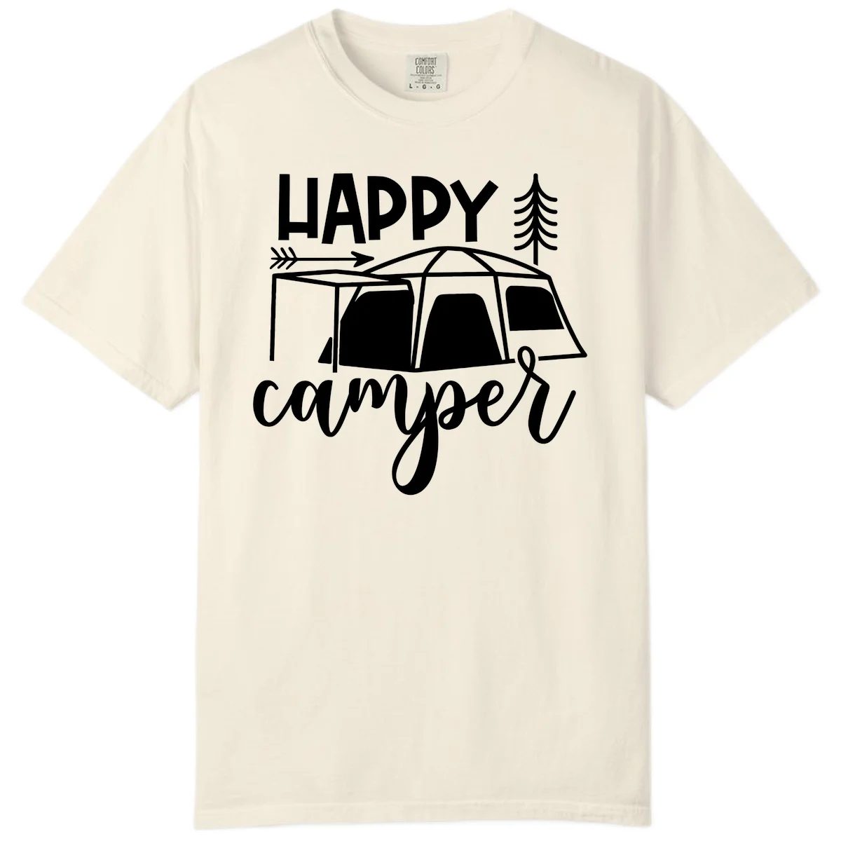 Happy Camper design with illustrated tent, evergreen trees, and arrow on gray background in Ivory