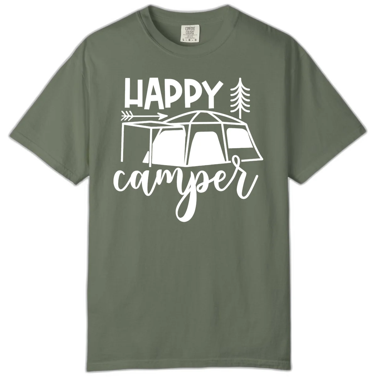 Happy Camper design with illustrated tent, evergreen trees, and arrow on gray background in Moss